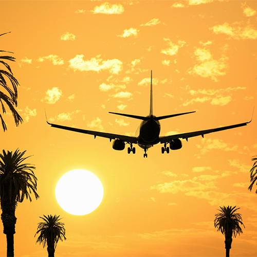 Avião em aproximação para pouso com o sol brilhando ao fundo.  Céu limpo, com poucas nuvens e nos tons do pôr do sol, algumas palmeiras ao redor. Representação da gestão ambiental da GOL.