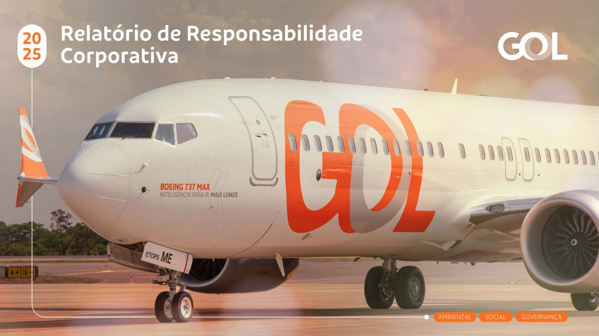 Capa do Relatório de Responsabilidade Corporativa 2025 da GOL, com aeronave em destaque e
os pilares ambiental, social e governança